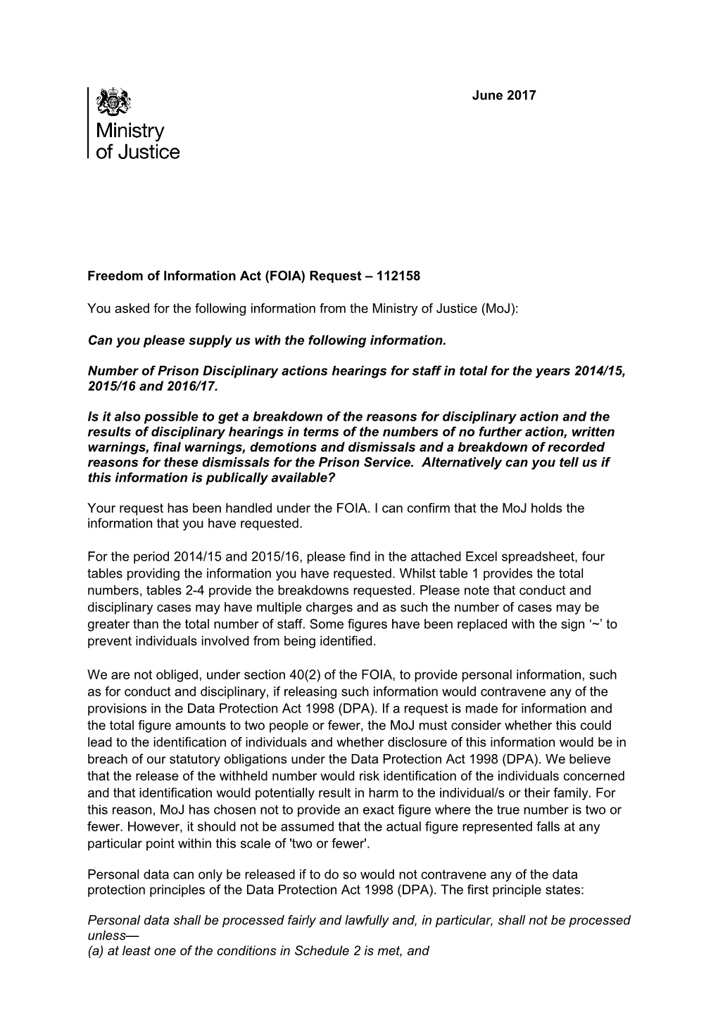 FOI 112158 - Prison Staff Disciplinary Hearings & Outcomes and Dismissals by Reason