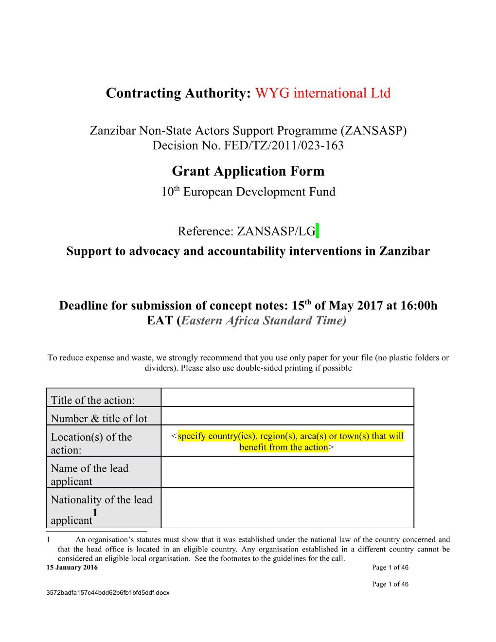 Contracting Authority: WYG International Ltd