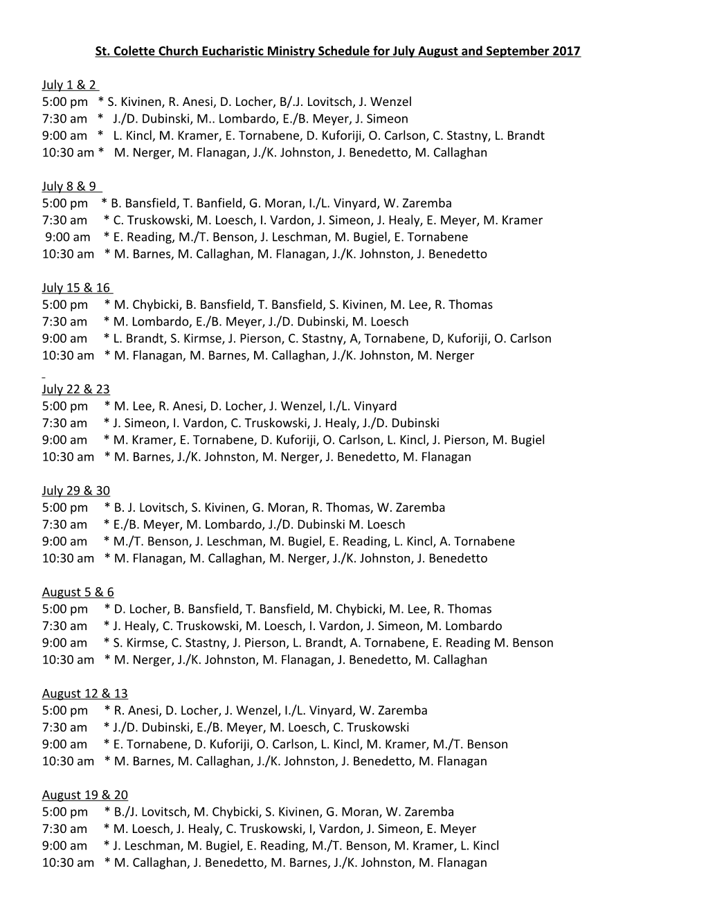 St. Colette Church Eucharistic Ministry Schedule for July August and September 2017