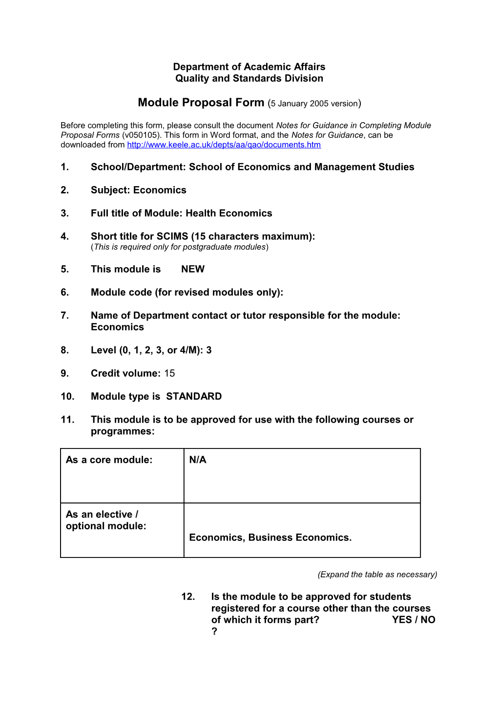 Health Economics Module Description