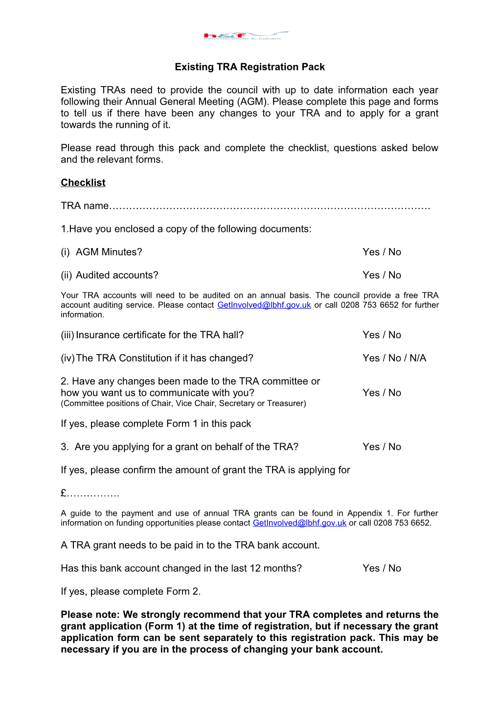 H&F Existing TRA Registration Pack