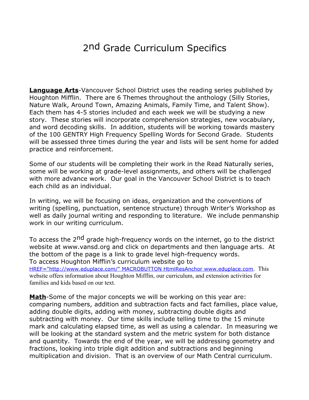 2Nd Grade Curriculum Specifics