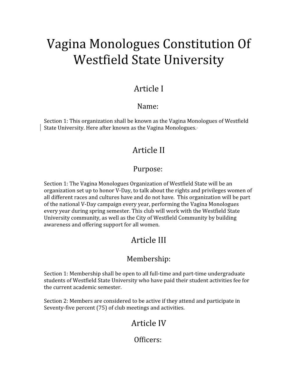 Vagina Monologues Constitutionof Westfield State University
