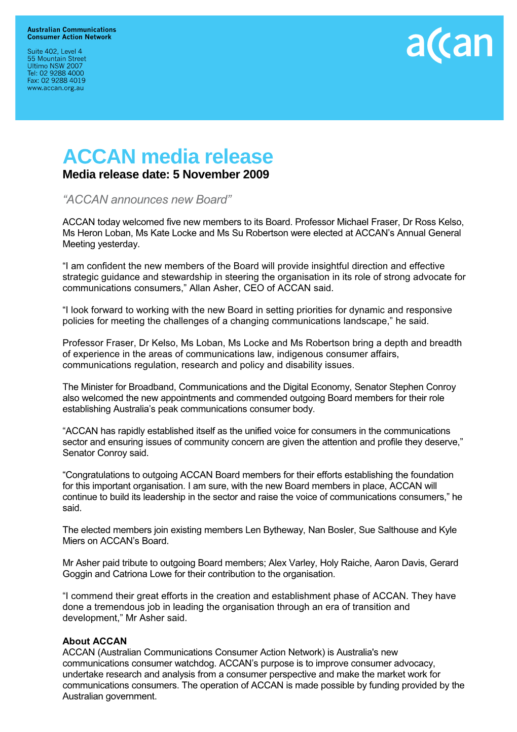 ACCAN Announces New Board
