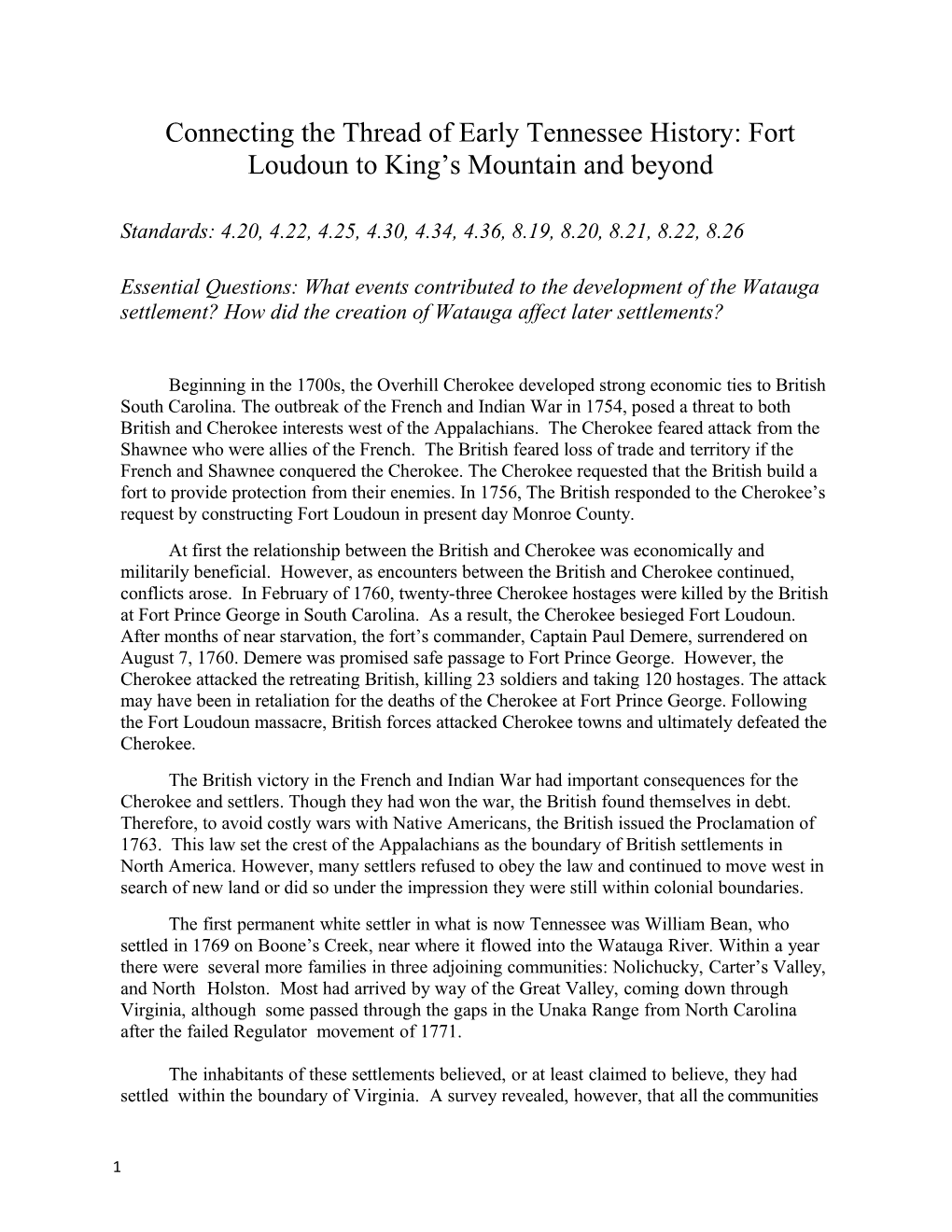 Connecting the Thread of Early Tennessee History: Fort Loudoun to King S Mountain and Beyond