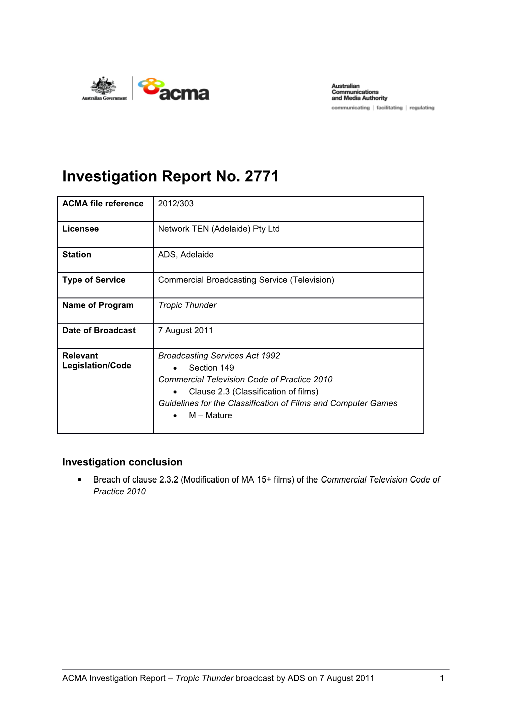 ADS Adelaide - ACMA Investigation Report 2771