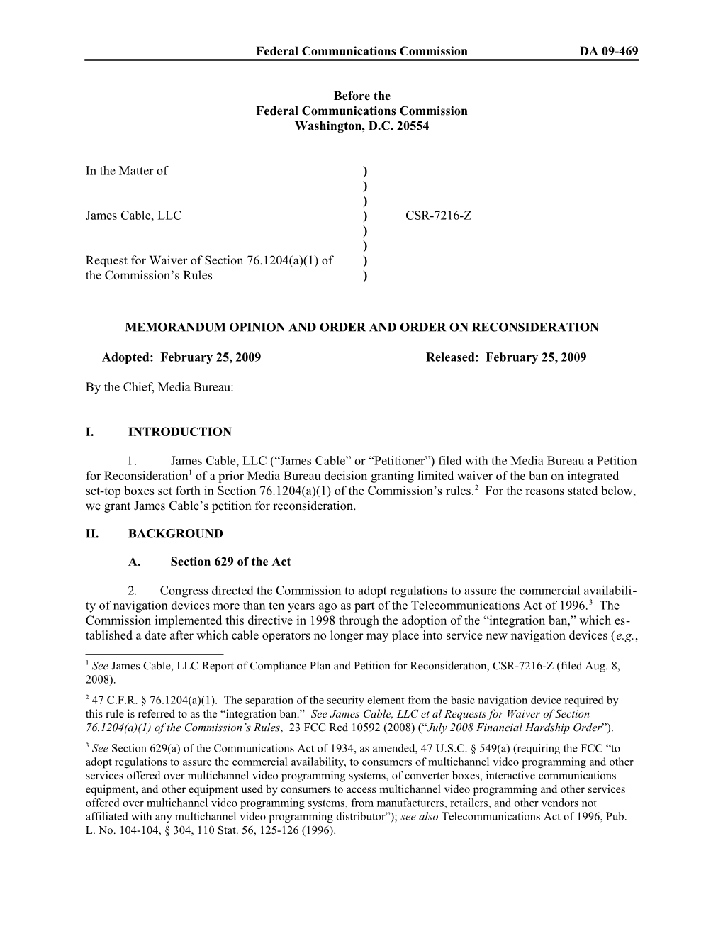 Memorandum Opinion and Order and Order on Reconsideration