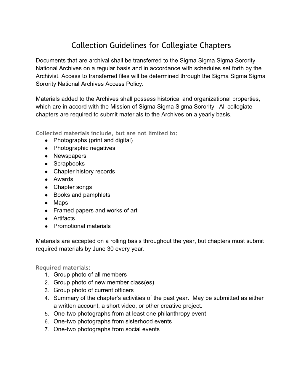 Collection Guidelines for Collegiate Chapters