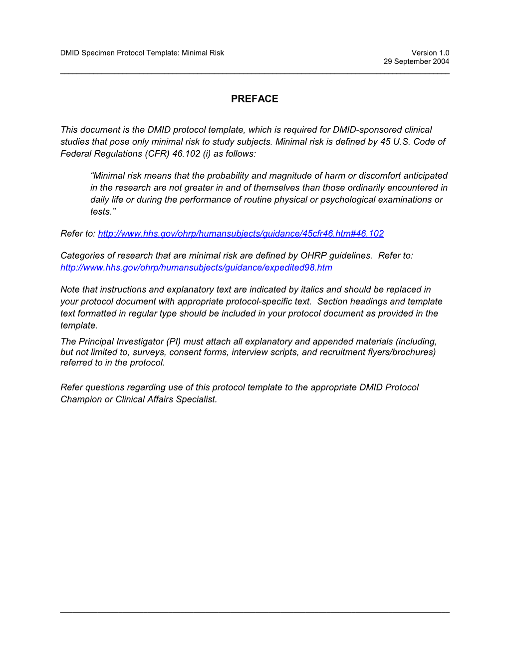 DMID Specimen Protocol Template: Minimal Risk, Version 1.0, September 29, 2004