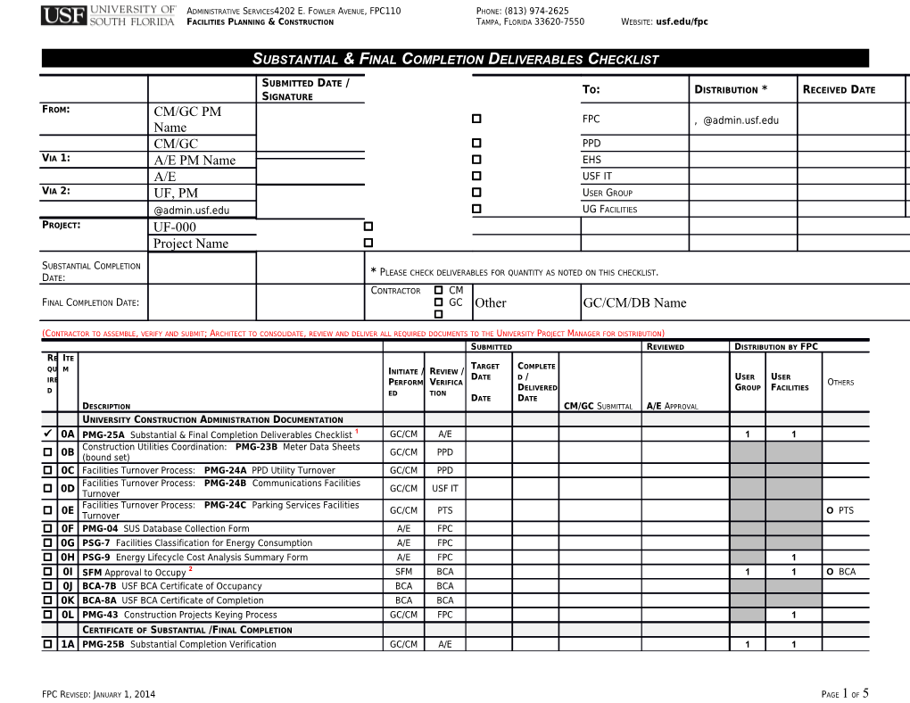 Substantial & Final Completion Deliverables Checklist