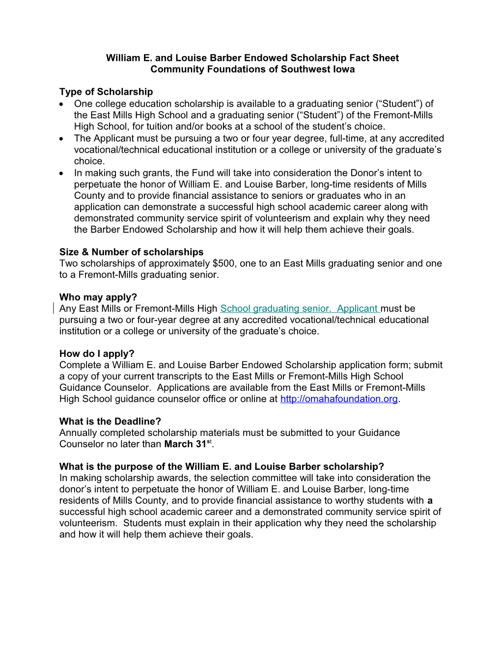 William E. and Louise Barberendowed Scholarship Fact Sheet