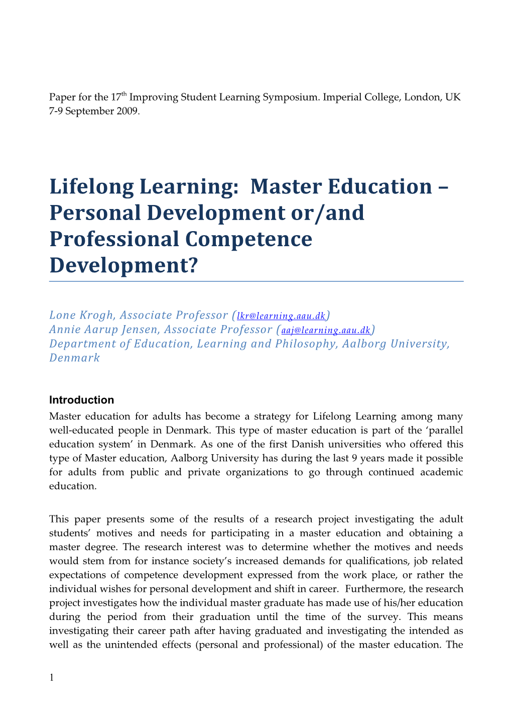 Master Education As a Lifelong Learning Strategy