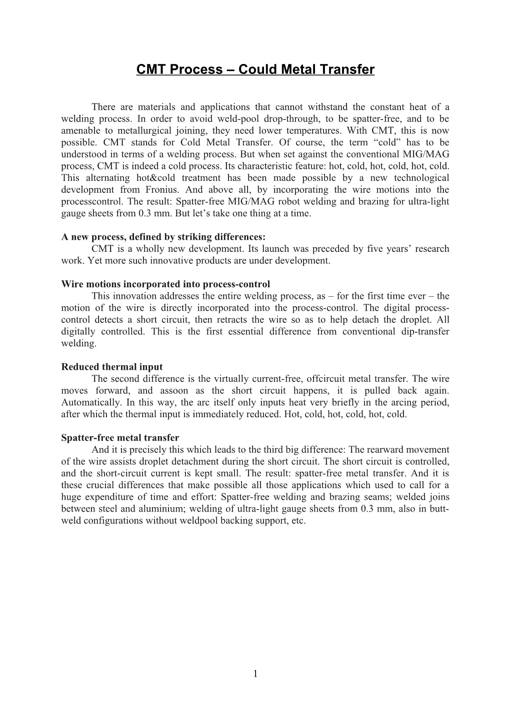 CMT Process Could Metal Transfer