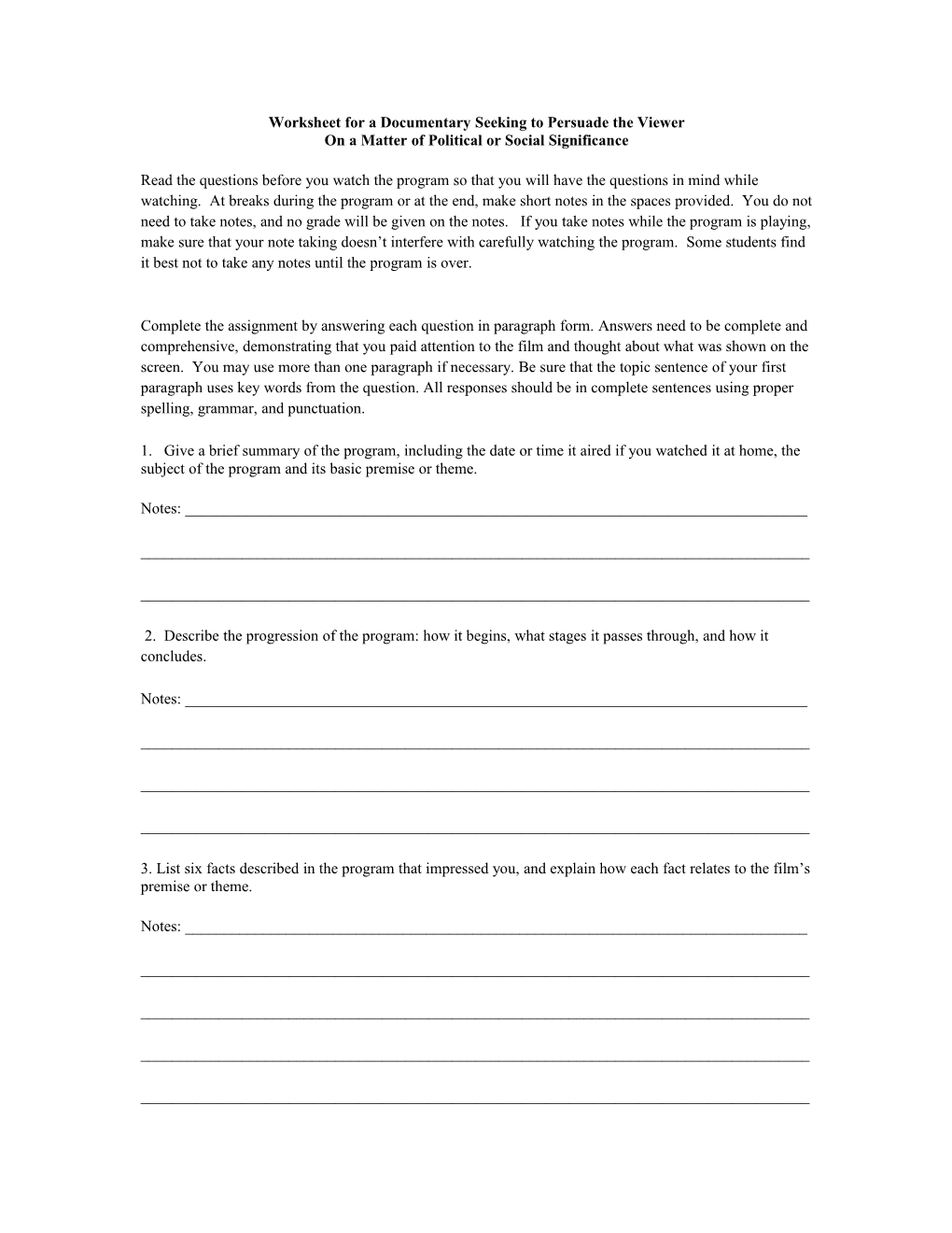 Worksheet for a Documentary Seeking to Persuade the Viewer