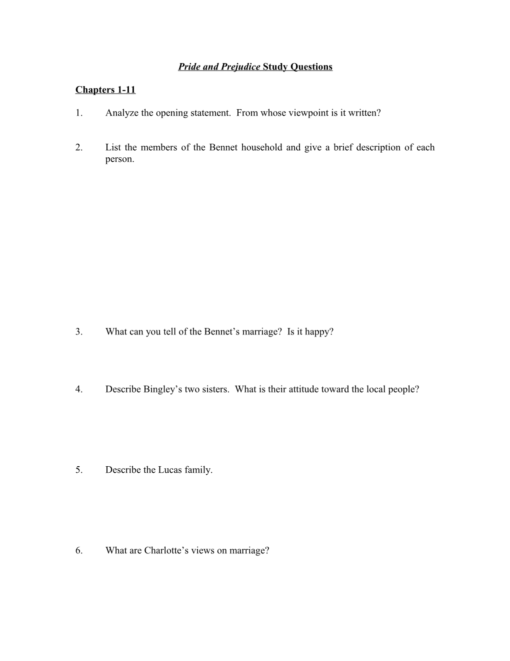 Pride and Prejudice Study Questions