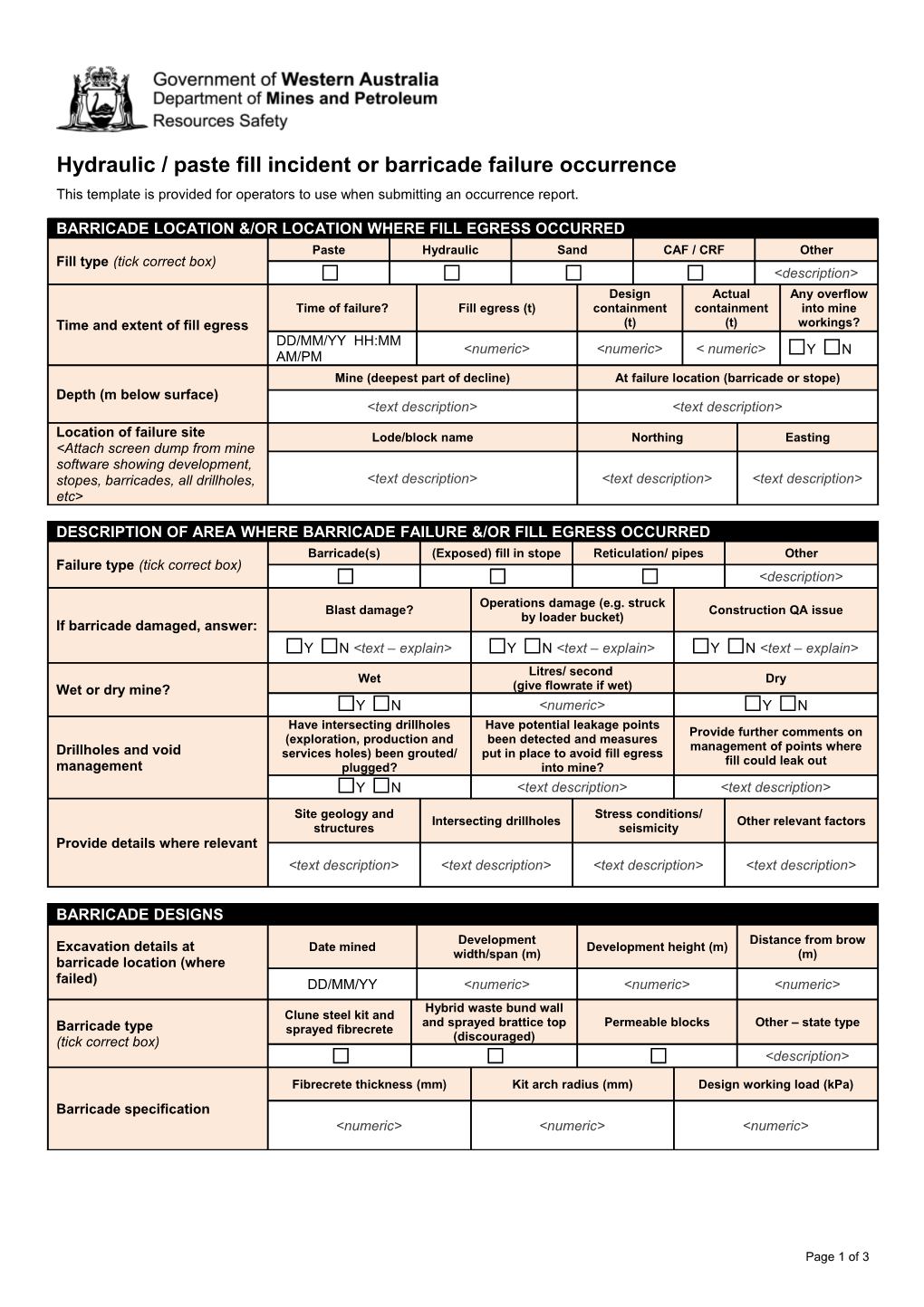 Hydraulic Paste Fill And/Or Barricade Failure Or Incidence Occurrence Report Template