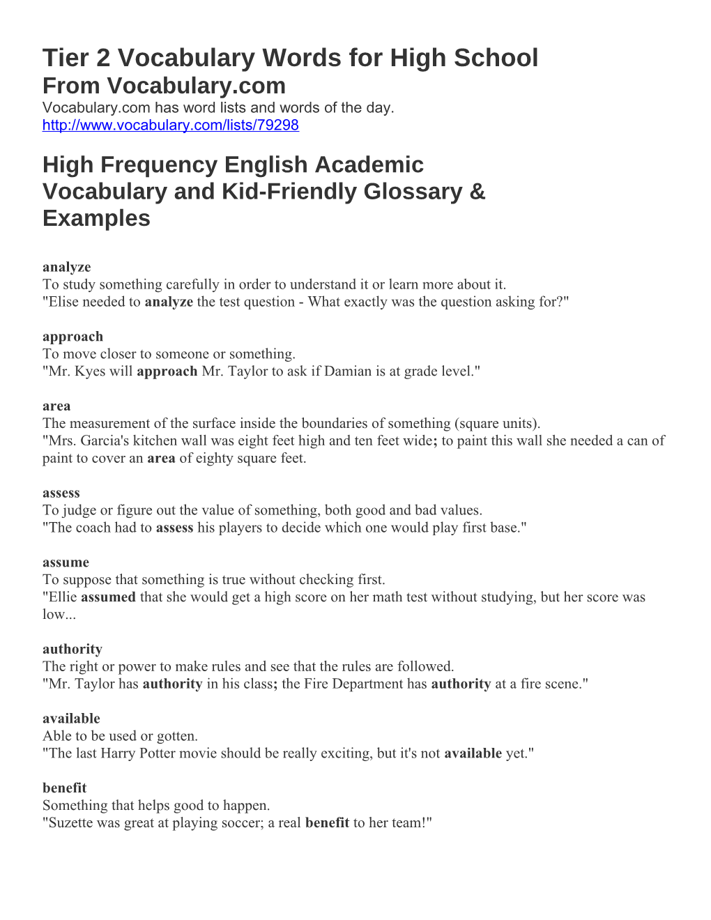 Tier 2 Vocabulary Words for High School