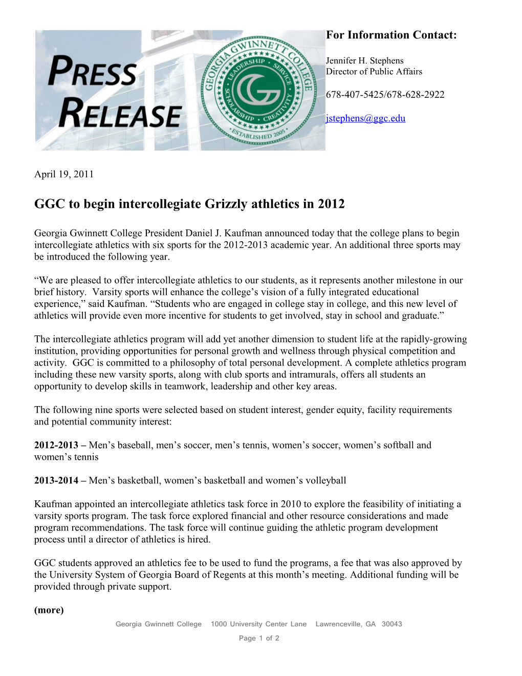 GGC to Begin Intercollegiate Grizzly Athletics in 2012