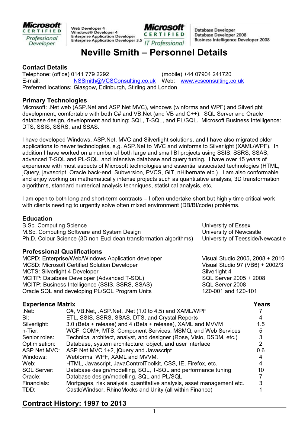 Neville Smith Personnel Details