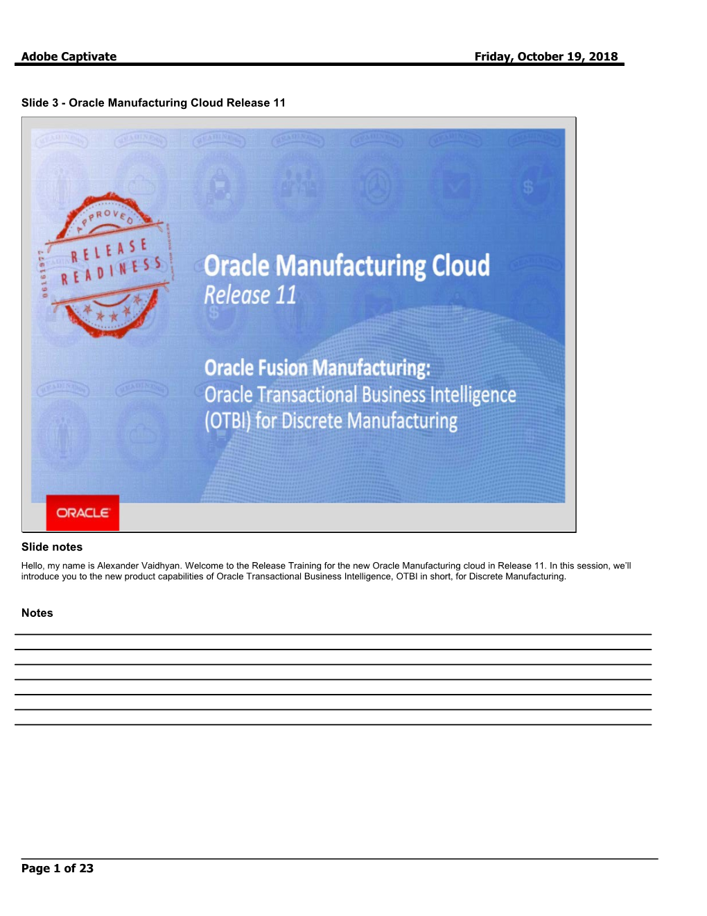 Slide 3 - Oracle Manufacturing Cloud Release 11