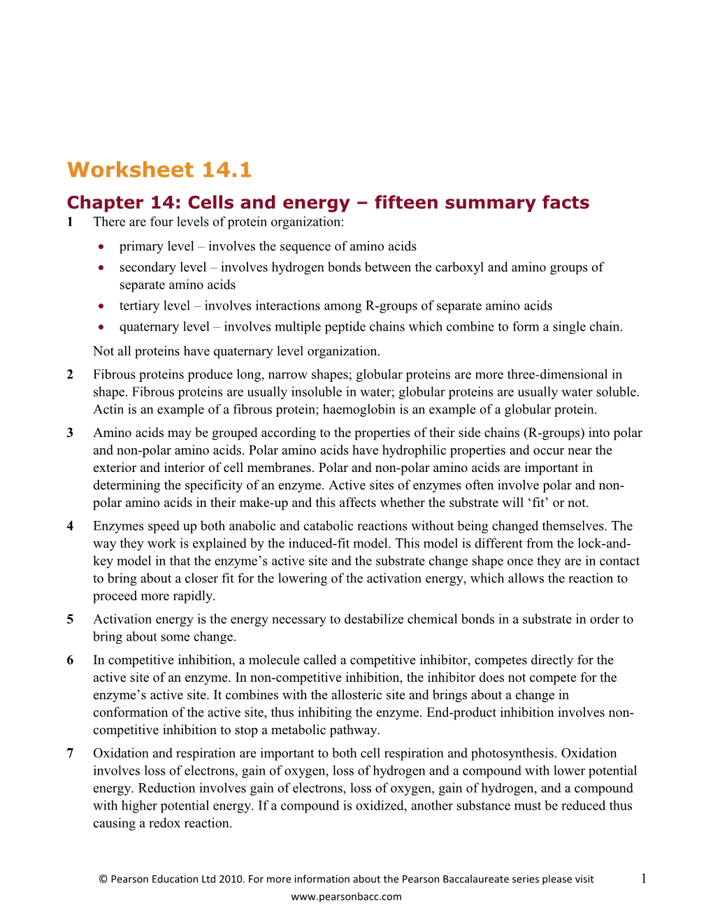 Chapter 14: Cells and Energy Fifteen Summary Facts