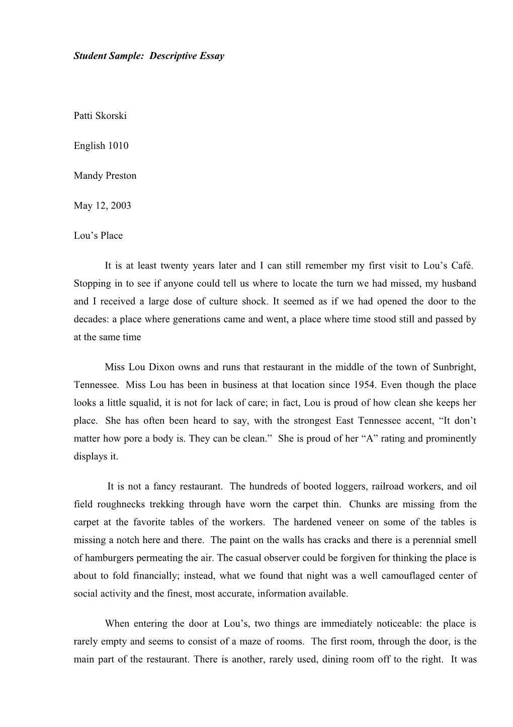 Student Sample: Descriptive Essay