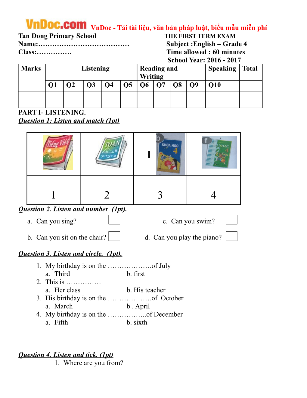 Tan Dong Primary School the FIRST TERM EXAM