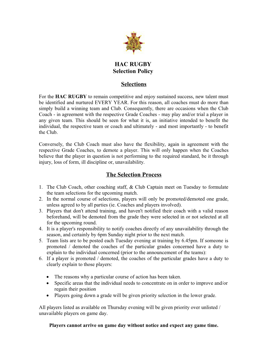 HAC RUGBY Selection Policy