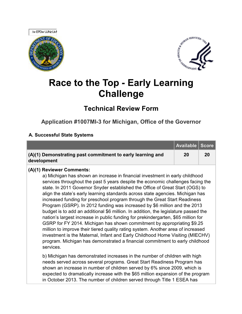 Score Sheet for Phase 3, Race to the Top-Early Learning Challenge, Application for Initial