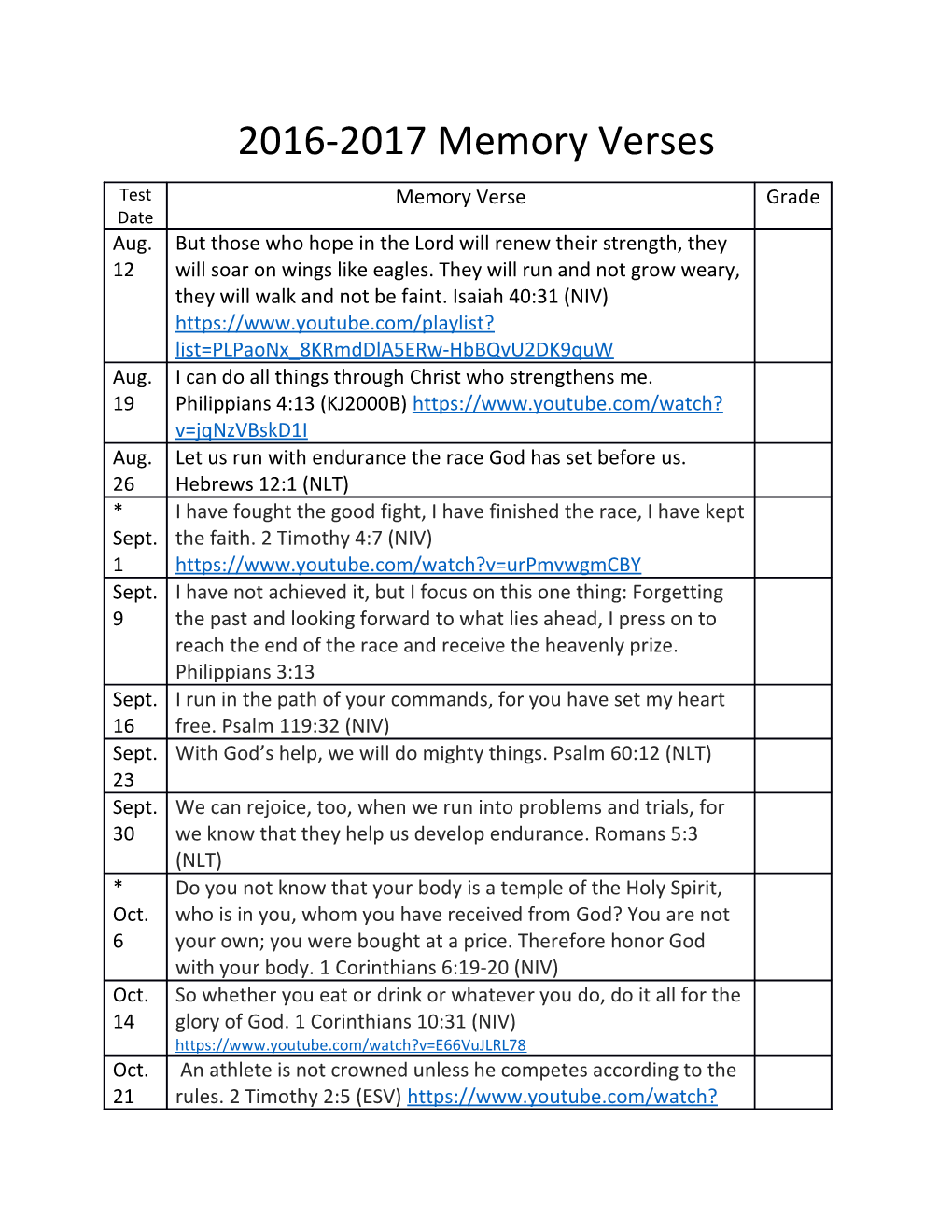 2016-2017 Memory Verses