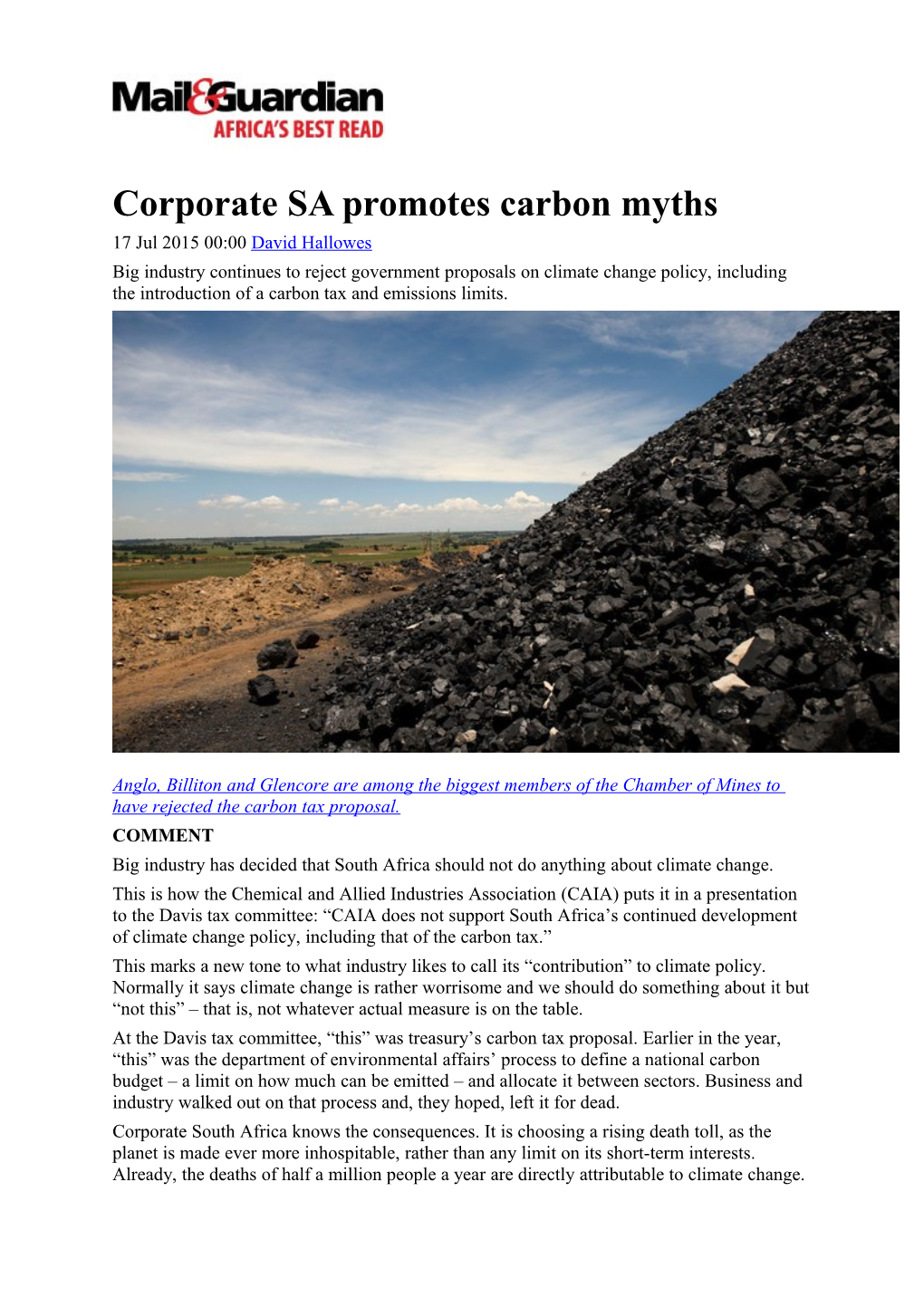 Corporate SA Promotes Carbon Myths