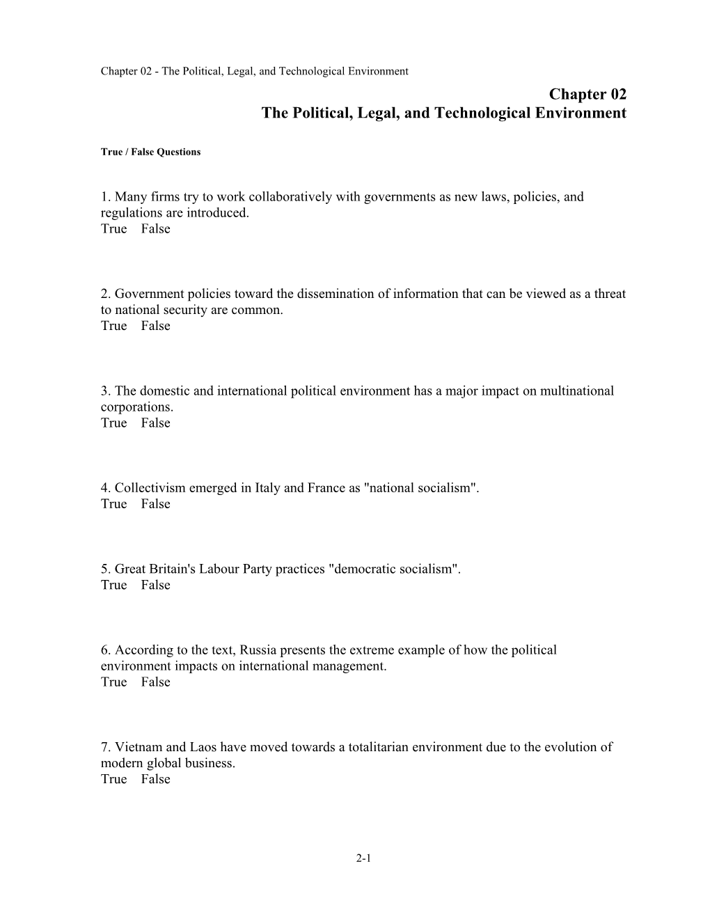 Chapter 02 the Political, Legal, and Technological Environment