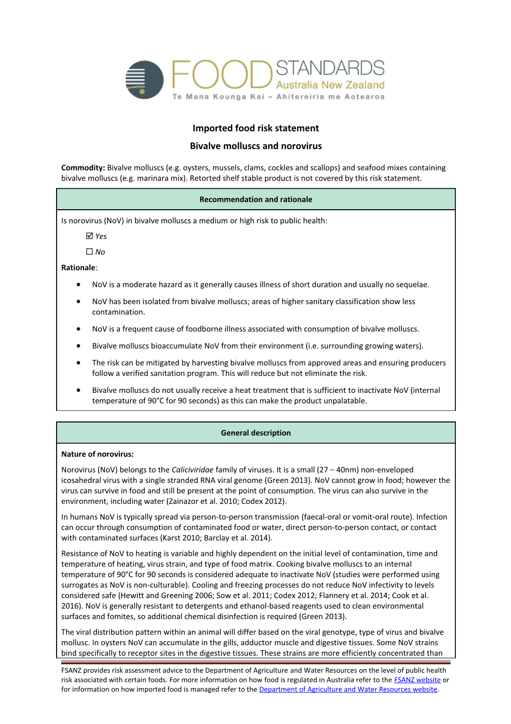 Imported Food Risk Statement: Bivalve Molluscs and Norovirus