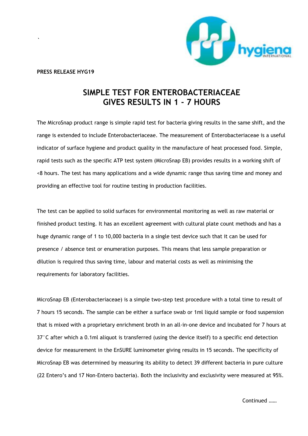 Simple Test for Enterobacteriaceae Gives Results in 1-7 Hours