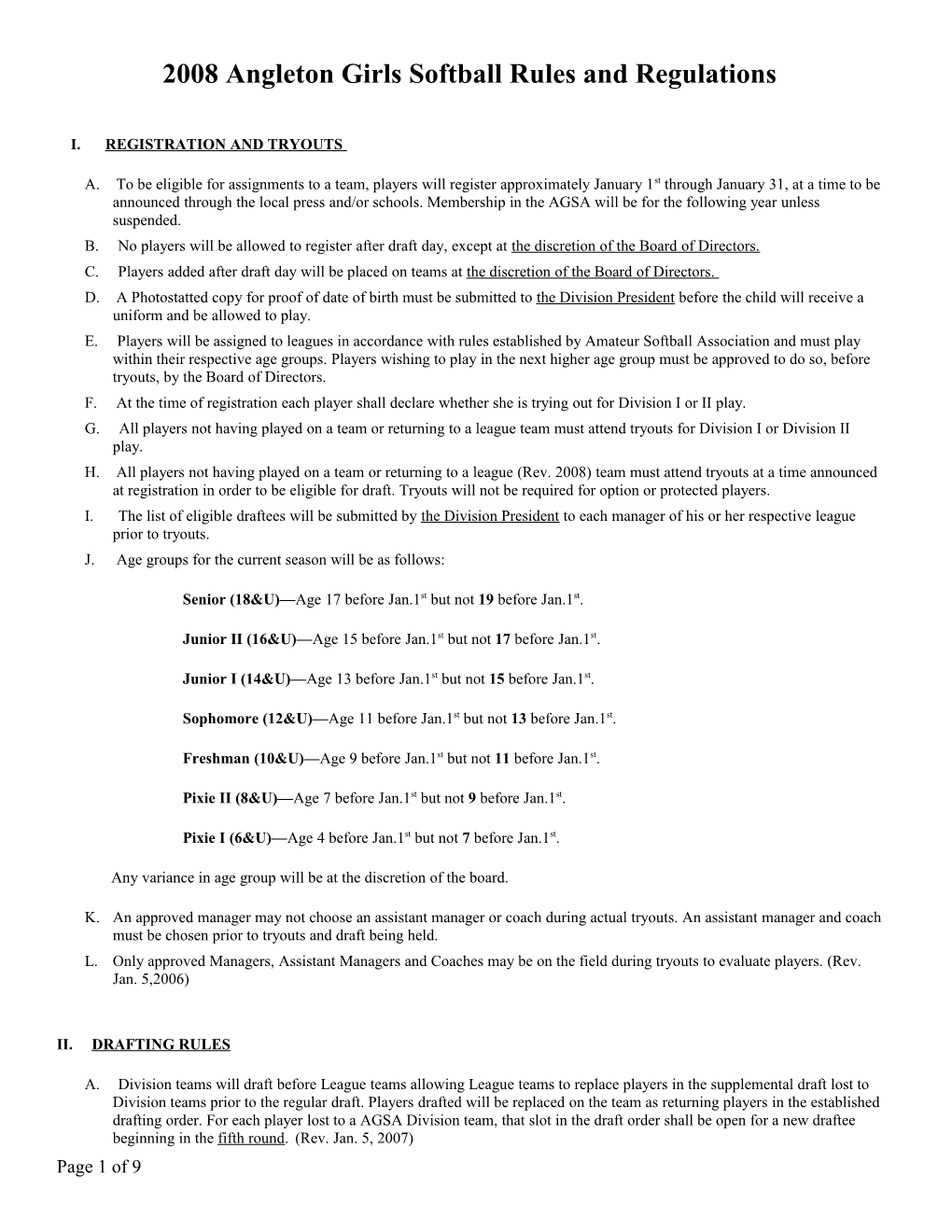 2005 Angleton Girls Softball Rules and Regulations