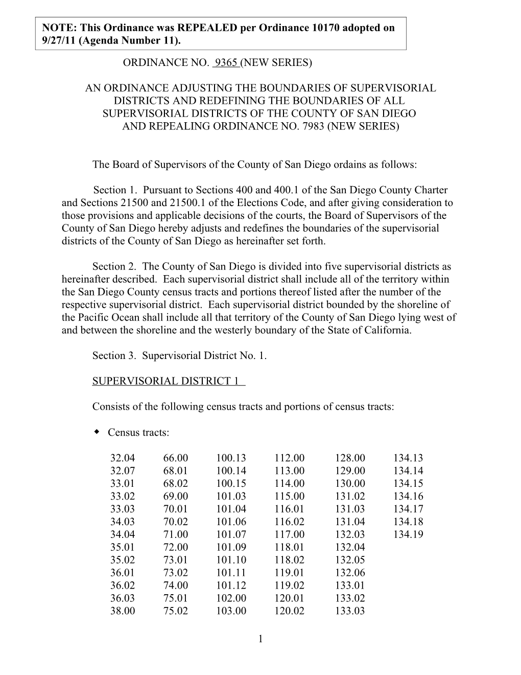 An Ordinance Adjusting the Boundaries of Supervisorial Districts and Redefining the Boundaries