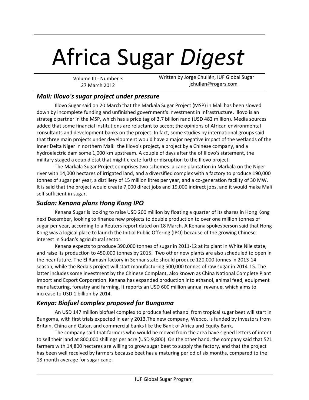 Mali: Illovo's Sugar Project Under Pressure