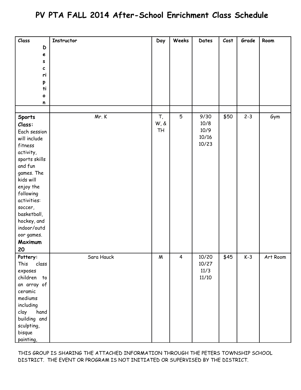 PV PTA FALL 2014 After-School Enrichment Class Schedule