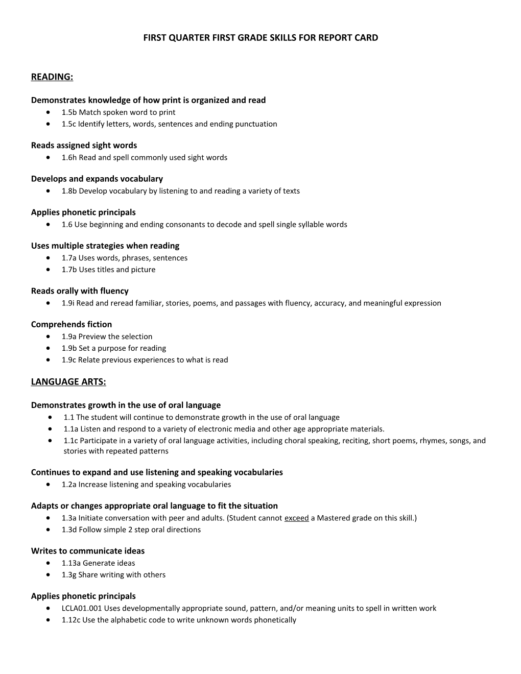 First Quarter First Grade Skills for Report Card