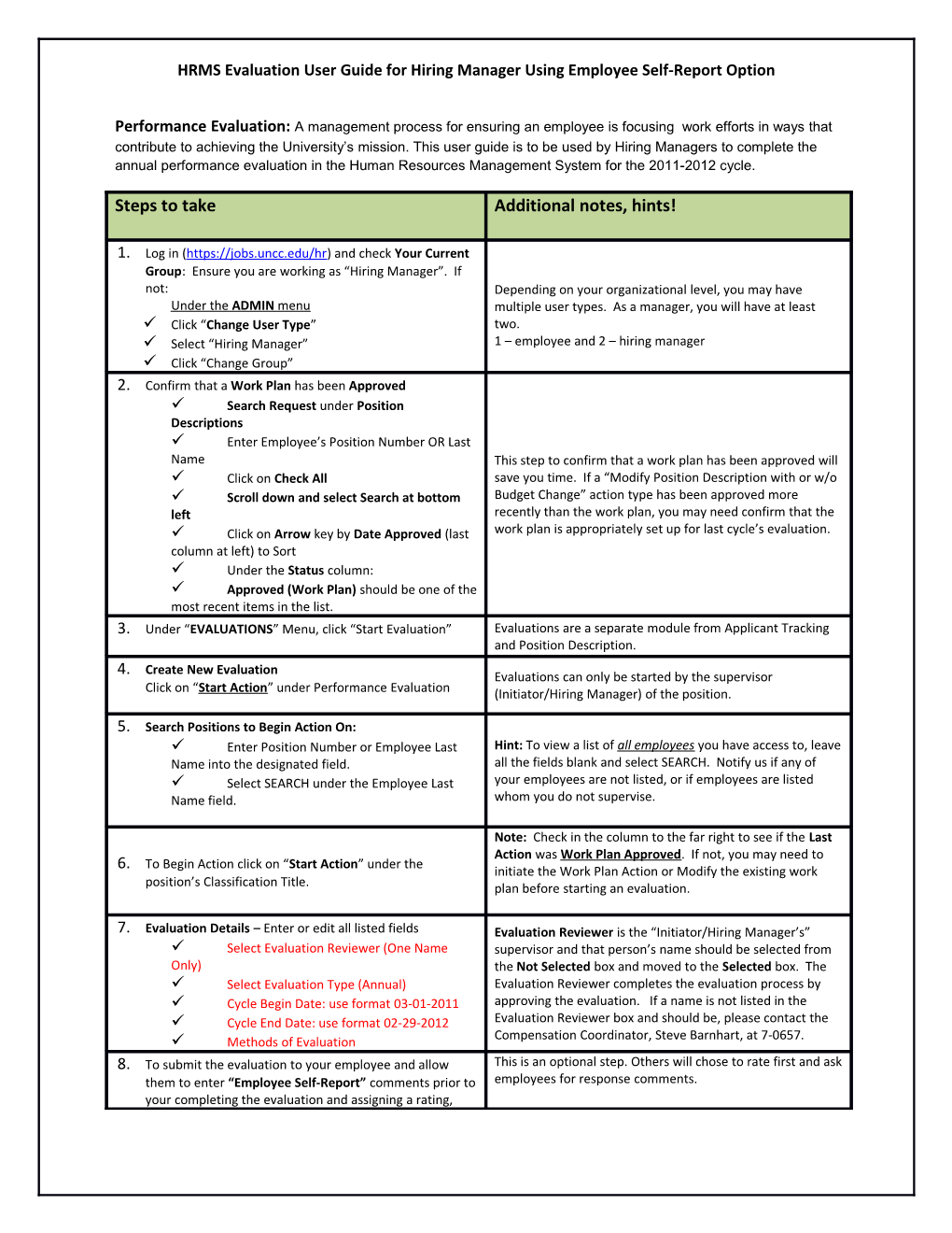 HRMS Evaluation User Guide for Hiring Manager Using Employee Self-Report Option