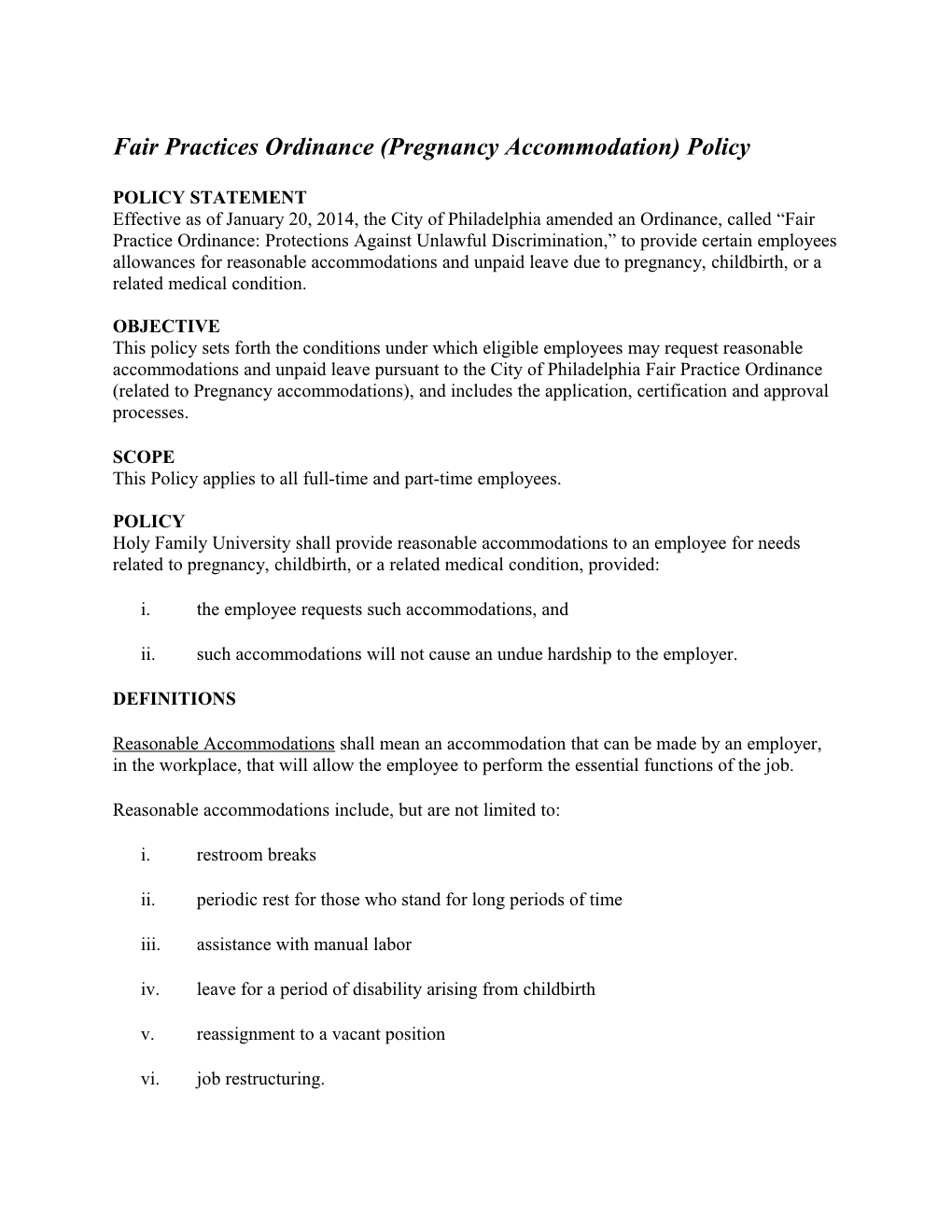 Fair Practices Ordinance (Pregnancy Accommodation) Policy