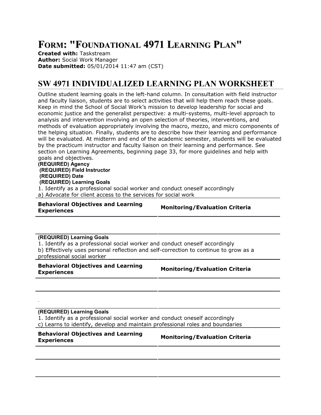 Form: Foundational 4971 Learning Plan