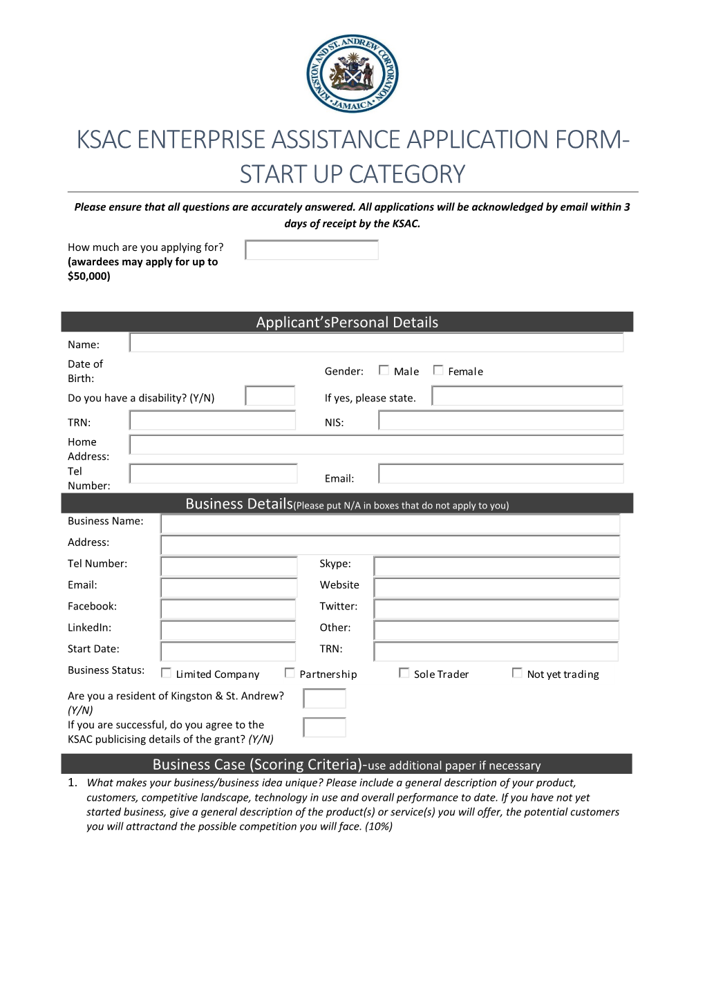 KSAC Enterprise Assistance Application Form-Start up Category