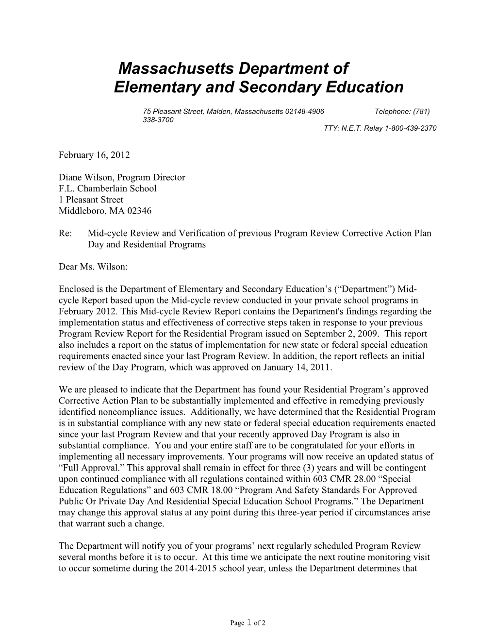 FL Chamberlain School Mid-Cycle Report 2012