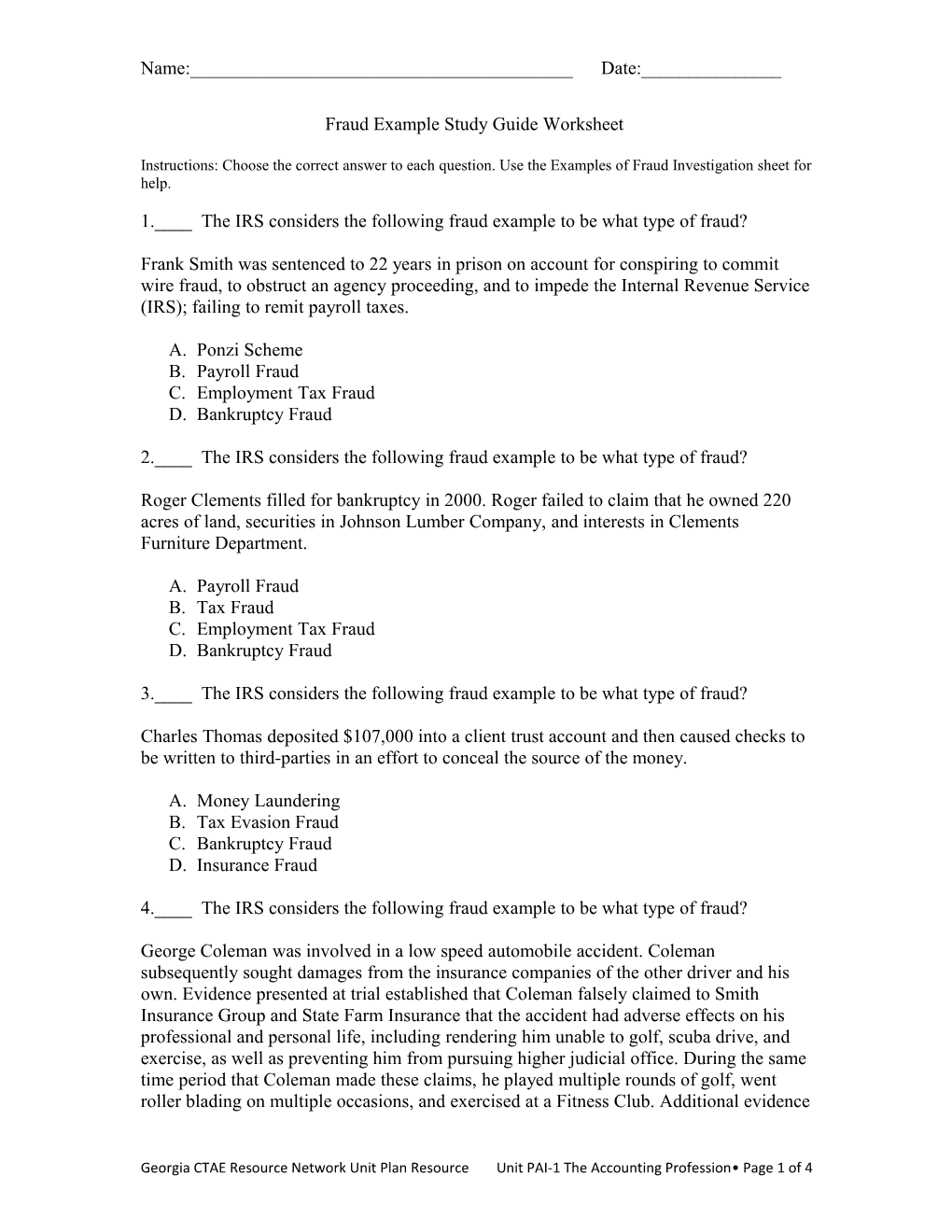 Fraud Example Study Guide Worksheet