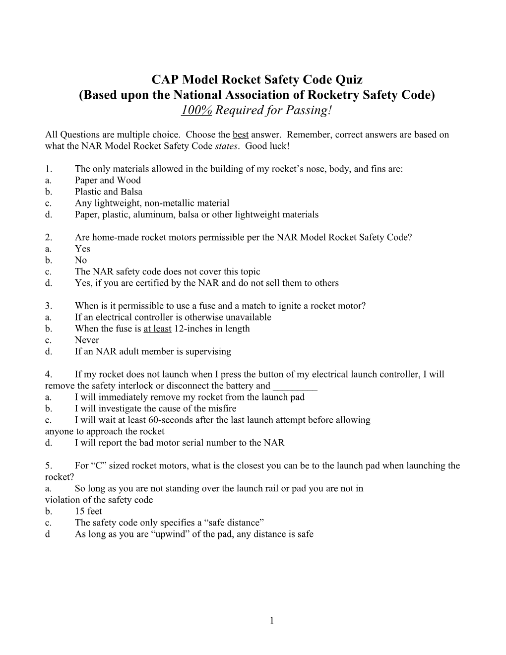 CAP Model Rocket Safety Code Quiz