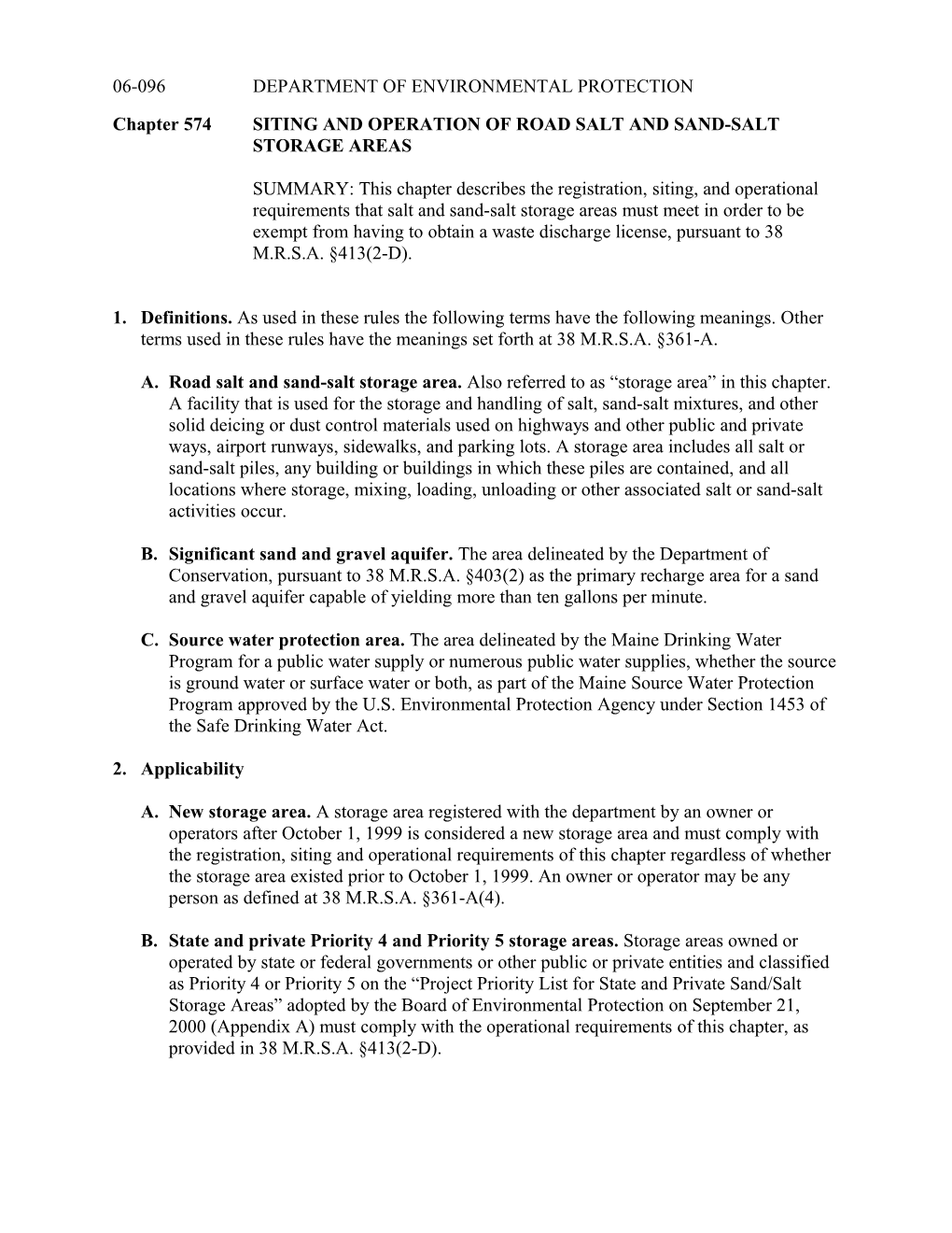 Chapter 574SITING and OPERATION of ROAD SALT and SAND-SALT STORAGE AREAS