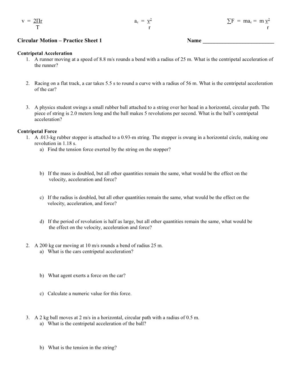 Circular Motion Practice Sheet 1Name ______