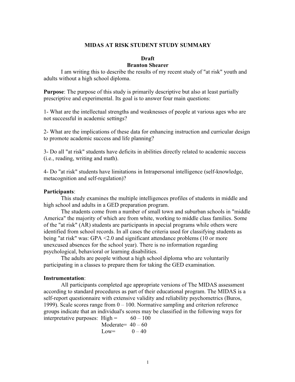 Midas at Risk Student Study Summary