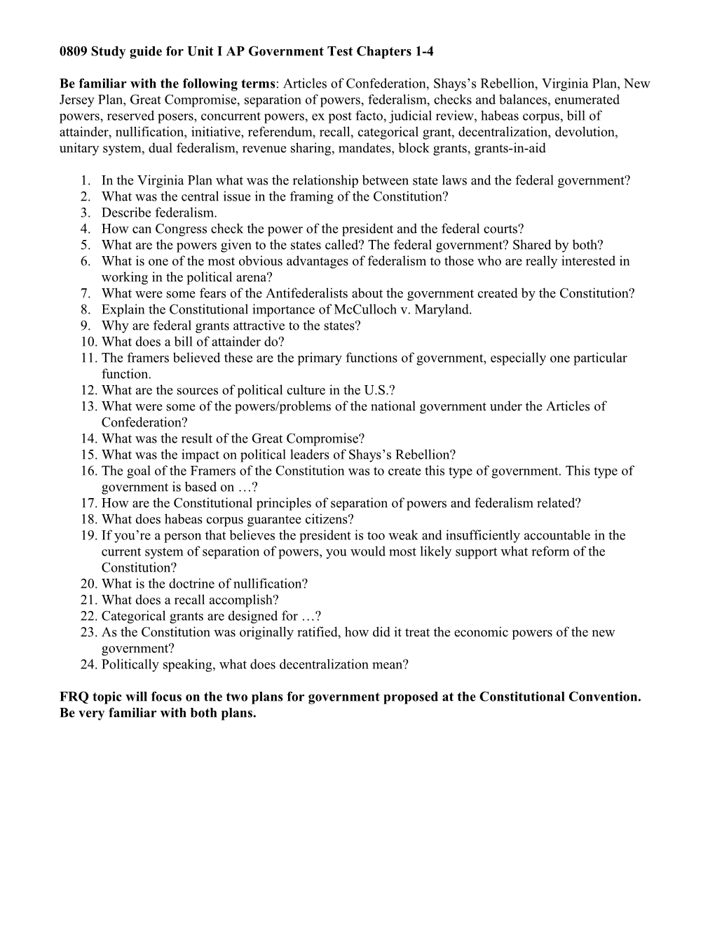 0809 Study Guide for Unit I AP Government Test Chapters 1-4